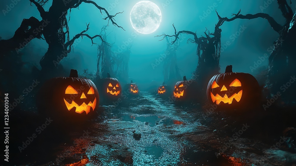 Poster sinister glowing jack-o'-lanterns lined up on a dark, foggy path, with twisted tree branches overhea