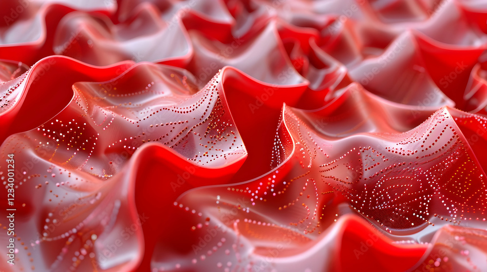 Poster a close-up view of a red, wavy surface with a glossy texture and tiny dots.