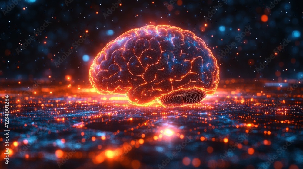 Poster glowing brain illuminated in a dark room showcasing neuroscience and cognitive functions