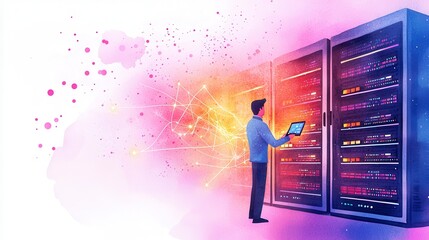 Watercolor Illustration of Data Center Technology with Server Racks