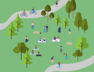 character people relaxing park summer holiday resting open-air festival nature meeting gathering outside outdoor relaxation picnic weekend leisure vector illustration