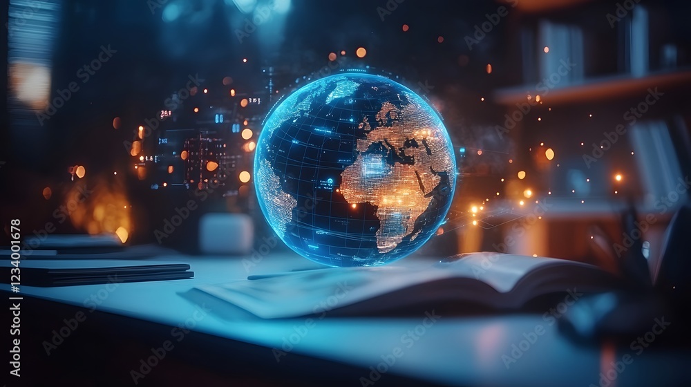 Poster a glowing digital globe hovers above an open book on a desk, surrounded by a futuristic digital inte