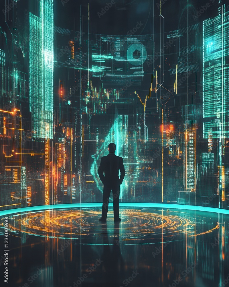 Poster a figure stands in a futuristic digital environment filled with glowing data streams and holographic