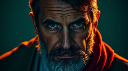 Fototapeta premium Intense portrait of an older man with a beard and deep expression, highlighted by dramatic lighting 