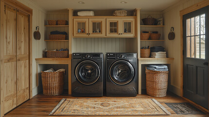 Rustic Laundry Room Retreat: A cozy and inviting laundry room with a warm, rustic aesthetic, featuring a washer and dryer, wooden cabinets, and a woven rug.