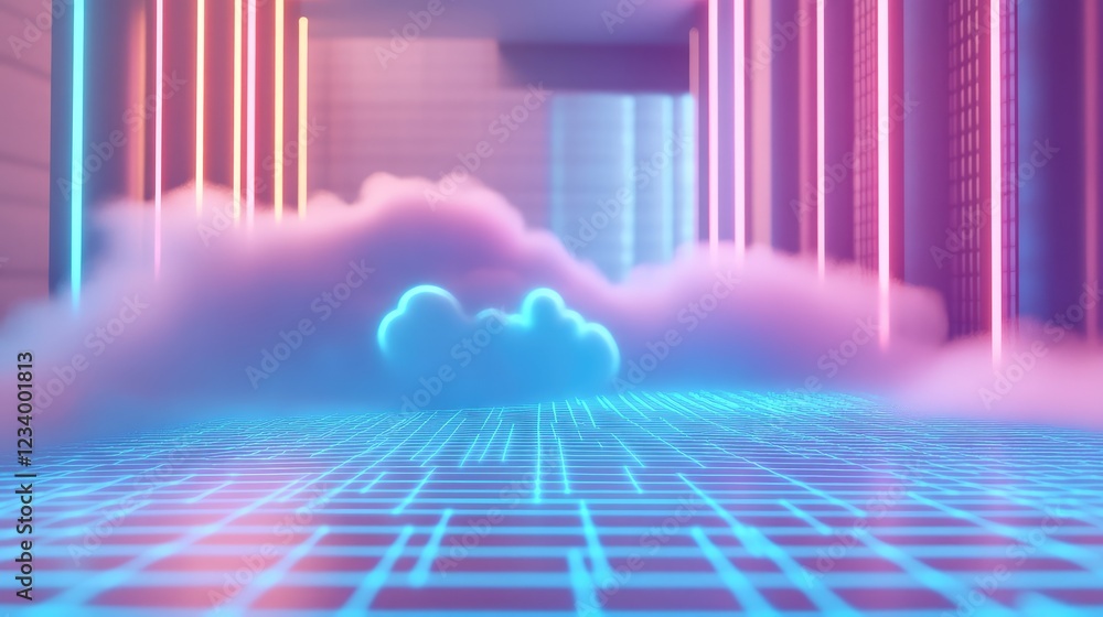 Poster surreal floating iot network grid with holographic blue neon waves, futuristic cloud computing eleme
