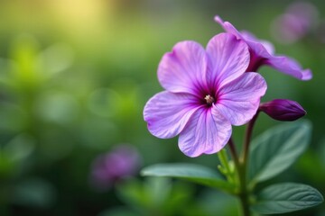 Delicate lilac blossom in soft sunlight, showcasing intricate petal veins and vibrant color against a blurred green backdrop