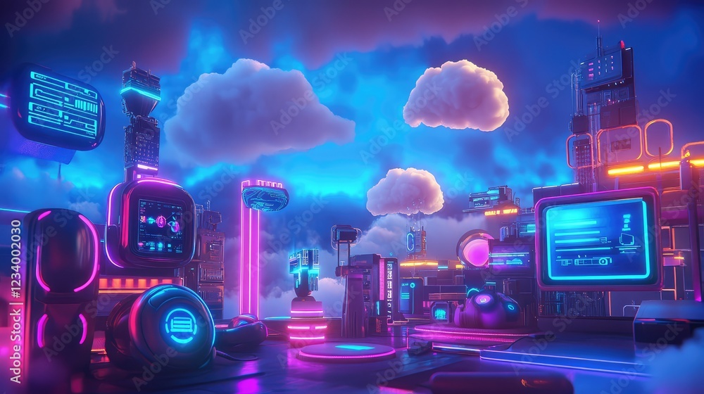 Poster surreal iot digital transformation background with cyber-blue gradients, glowing connected devices, 