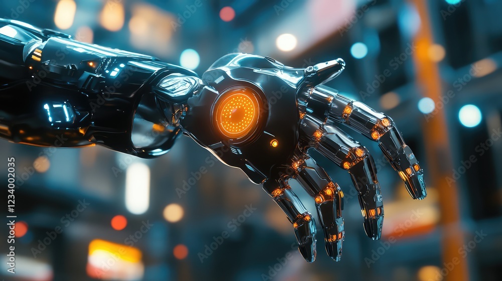 Poster surreal robotics background with a high-tech robotic arm, glowing sensor elements, and smooth metall