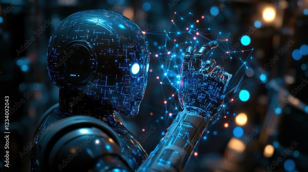 Poster robot holding circuit piece in a modern technology setting with various electronic components