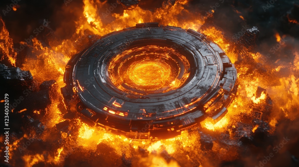 Poster surreal sci-fi energy core surrounded by glowing neon plasma waves, creating an intense futuristic b