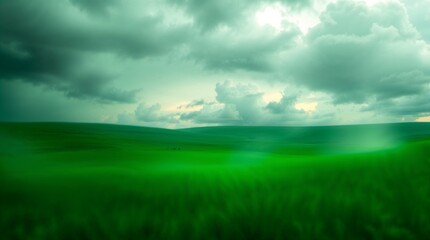 Lush green landscape under a dramatic sky with rolling clouds, creating a serene atmosphere