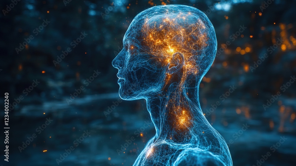 Poster human head with glowing neurons illustrating brain activity and neural connections in a dark backgro