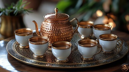 Elegant Copper Tea Set and Cups with Golden Accents