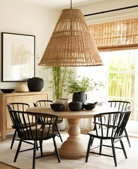 A simple and clean dining room with an Asian-inspired style, featuring black chairs around a round wooden table. The wall is adorned with a large white picture frame hanging on it. On one side 