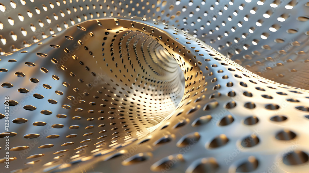 Poster an abstract metallic structure with perforations, creating a dynamic, flowing form.