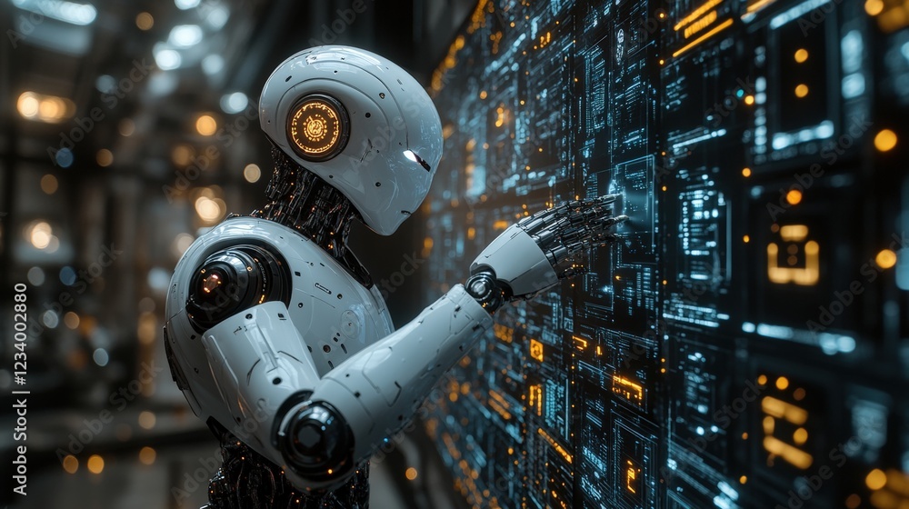 Poster robot standing in front of a digital wall displaying streams of data and information