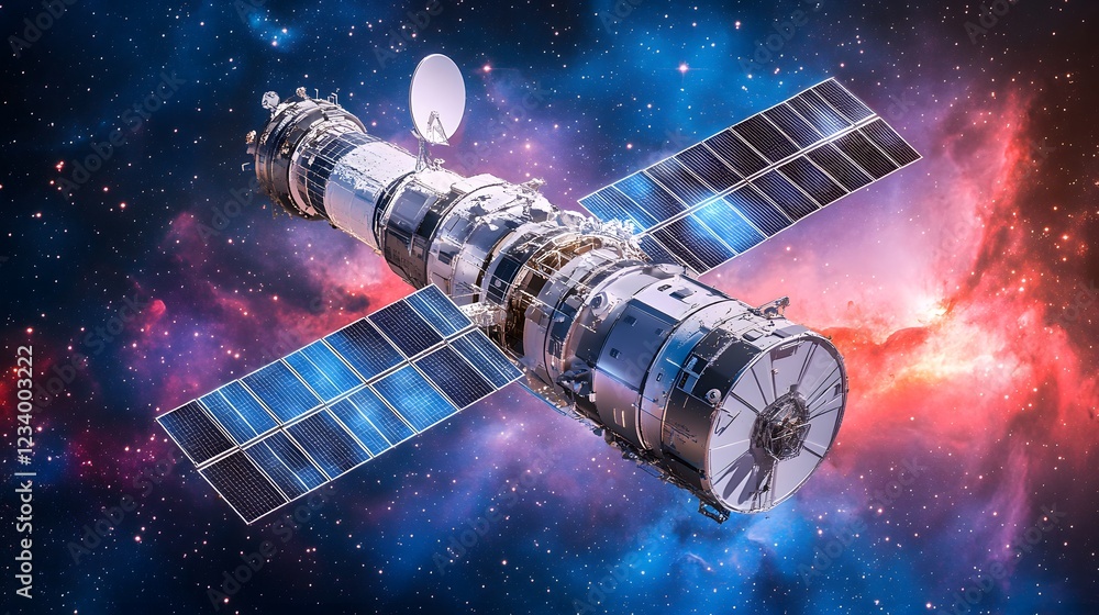 Poster a detailed 3d rendering of a space station orbiting amidst a vibrant nebula.