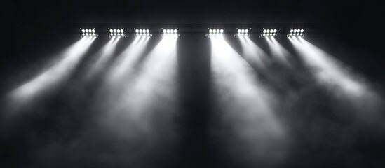 Stadium lights shining through the smoke on a dark background.