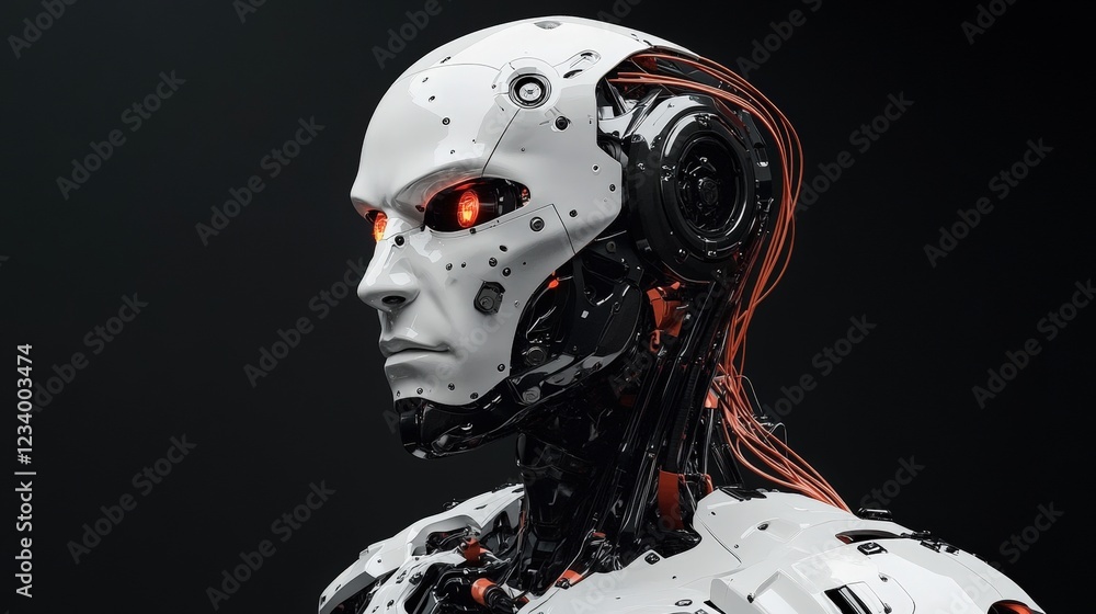 Poster robot with red light on face in futuristic environment