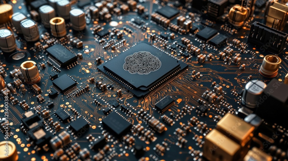 Poster close up view of a green circuit board with electronic components and intricate circuitry design