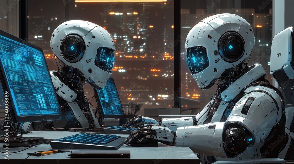 Poster robot sitting at a desk using a computer in a modern office environment with technology and gadgets
