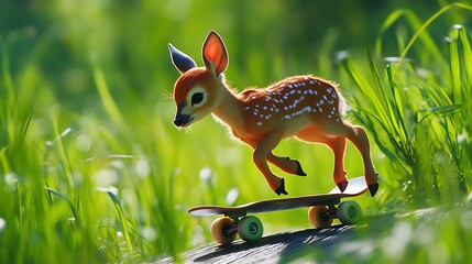 Fototapeta premium A deer fawn gliding smoothly on a skateboard, surrounded by tall green grass.