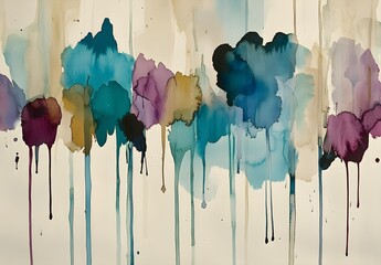 Fototapeta premium Abstract watercolor background with colorful ink splashes and drips, creating an artistic atmosphere for design or decoration. The colors include shades of teal blue, purple, pink, brown, red, 