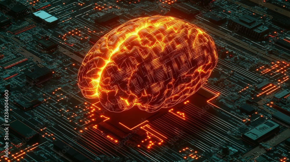 Poster computer circuit board with a glowing brain design illustrating artificial intelligence technology c