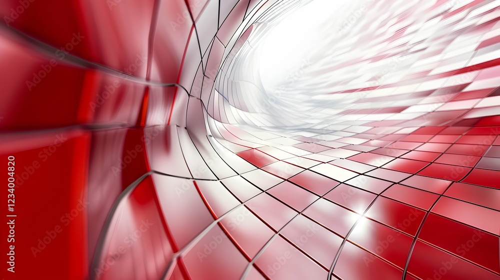 Poster abstract red tunnel with reflective surfaces creating a dynamic, flowing perspective.