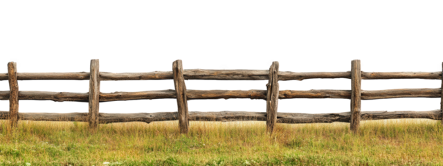 wooden split rail fence stretches across grassy field, showcasing rustic charm and natural beauty. This serene landscape evokes sense of tranquility and connection to nature