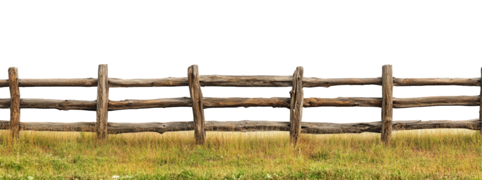 wooden split rail fence stretches across grassy field, showcasing rustic charm and natural beauty. This serene landscape evokes sense of tranquility and connection to nature