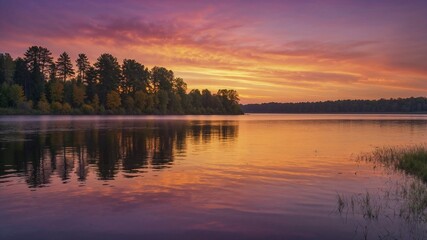 Fototapeta premium Lake sunset, colorful sky reflection, tranquil water, serene landscape, golden hour, peaceful nature scene, dramatic clouds, forest shoreline, scenic sunset view, calm atmosphere