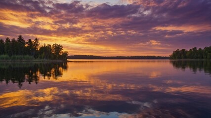 Fototapeta premium Lake sunset, colorful sky reflection, tranquil water, serene landscape, golden hour, peaceful nature scene, dramatic clouds, forest shoreline, scenic sunset view, calm atmosphere