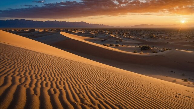 Desert sunset, sand dunes, footprints in sand, golden hour, vast landscape, serene sunset view, dramatic clouds, tranquil desert scene, travel destination, breathtaking nature