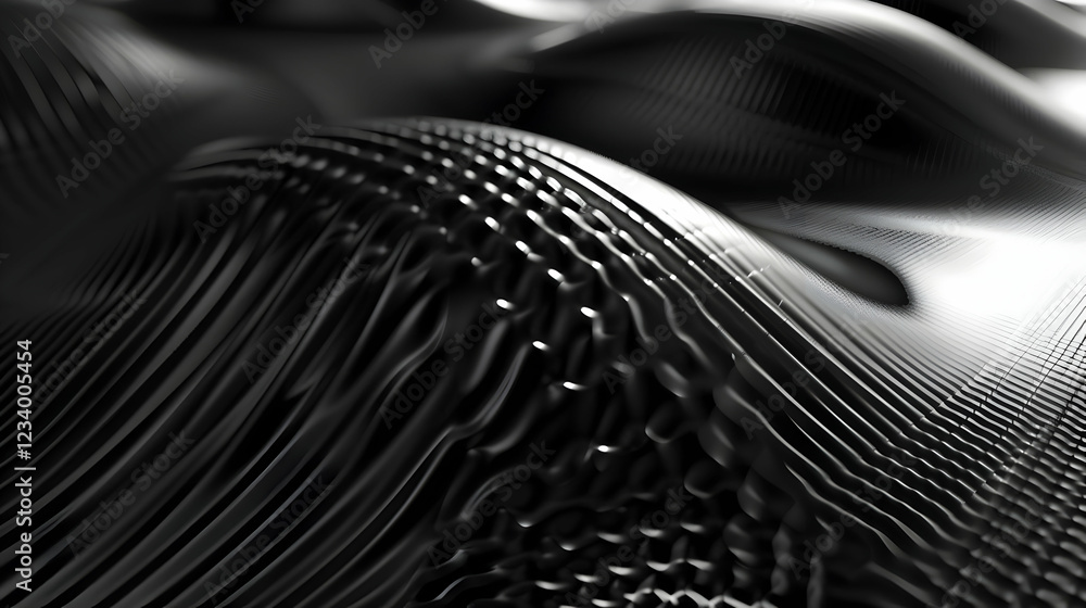 Poster a close-up view of abstract black waves with intricate textures and patterns.