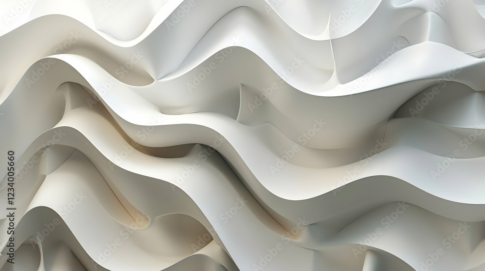 Poster abstract wave-like white forms create a dynamic, textured surface.