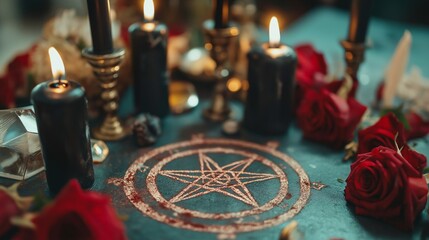 Pentagram and candles for witch craft ritual 