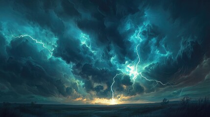 A dramatic view of a thunderstorm over the prairie, with lightning bolts lighting up the dark, turbulent sky