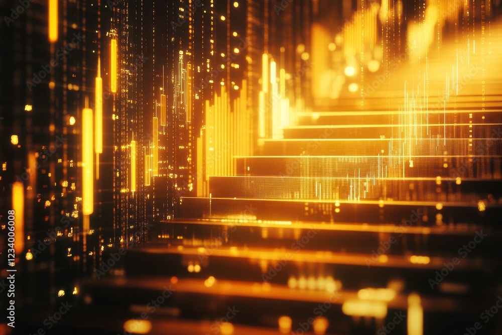 Poster a visually striking image of illuminated, golden stairs leading upwards, surrounded by a cascade of 
