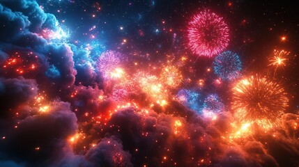 Fototapeta premium Celestial Fireworks Display: A Symphony of Light and Color in the Night Sky