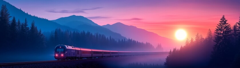 Misty forest train journey at sunset, a scenic railroad landscape through nature's beauty