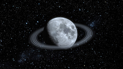 Obraz premium Celestial Convergence: A mesmerizing cosmic tableau depicts a majestic, ringed planet adorned with the luminous presence of the Moon, set against a backdrop of glittering stars.