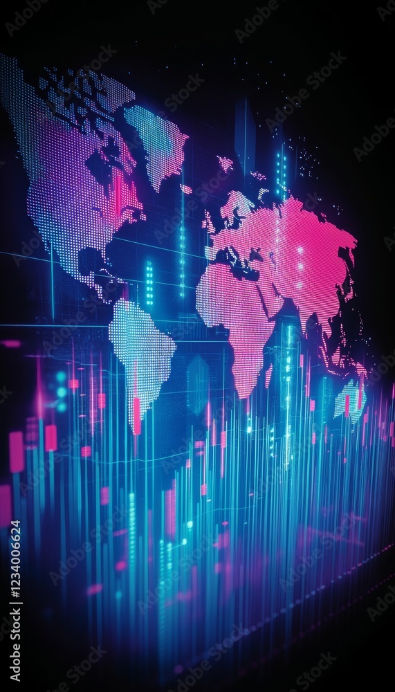 Poster global financial data visualization with bright blue line graph over world map, abstract data