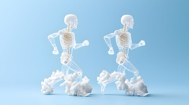 Two transparent running figures showing internal skeletons jog through white clouds against a blue background.
