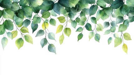 Watercolor Green Leaves Border,  Elegant Nature Illustration, Botanical Design, Spring Summer Foliage