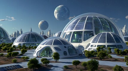 Obraz premium Futuristic space colony on an alien planet. Dome-shaped buildings with solar panels, lush greenery, and two moons in the sky. Advanced technology and sustainable living.