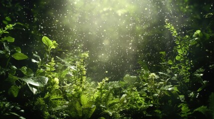 Fototapeta premium Tranquil Green Forest Scene with Raindrops and Soft Light Effects