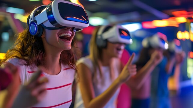 Excited young women wearing VR headsets, immersed in a vibrant arcade game.  They laugh and gesture, showcasing the fun and social aspect of virtual reality.