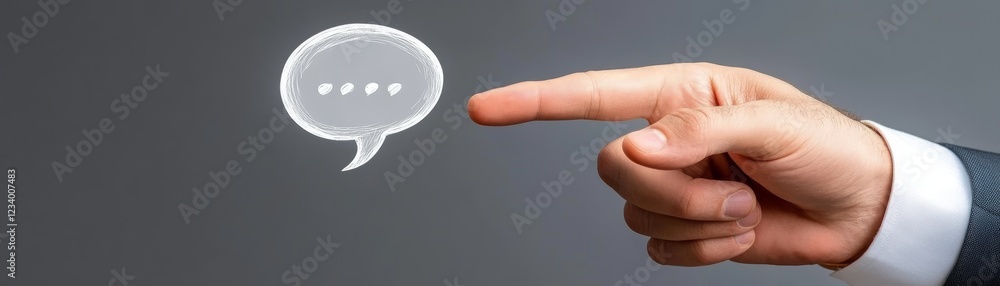 Poster communicate visually, hand pointing to a speech bubble symbolizing effective communication and dialo